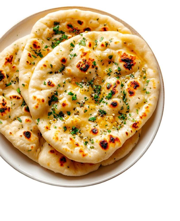 Garlic naan on a white plate