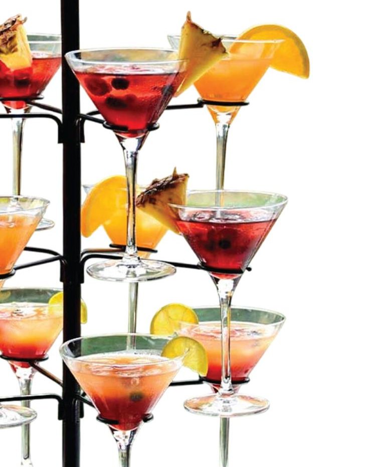 Twelve-glass cocktail tree with garnished martini glasses