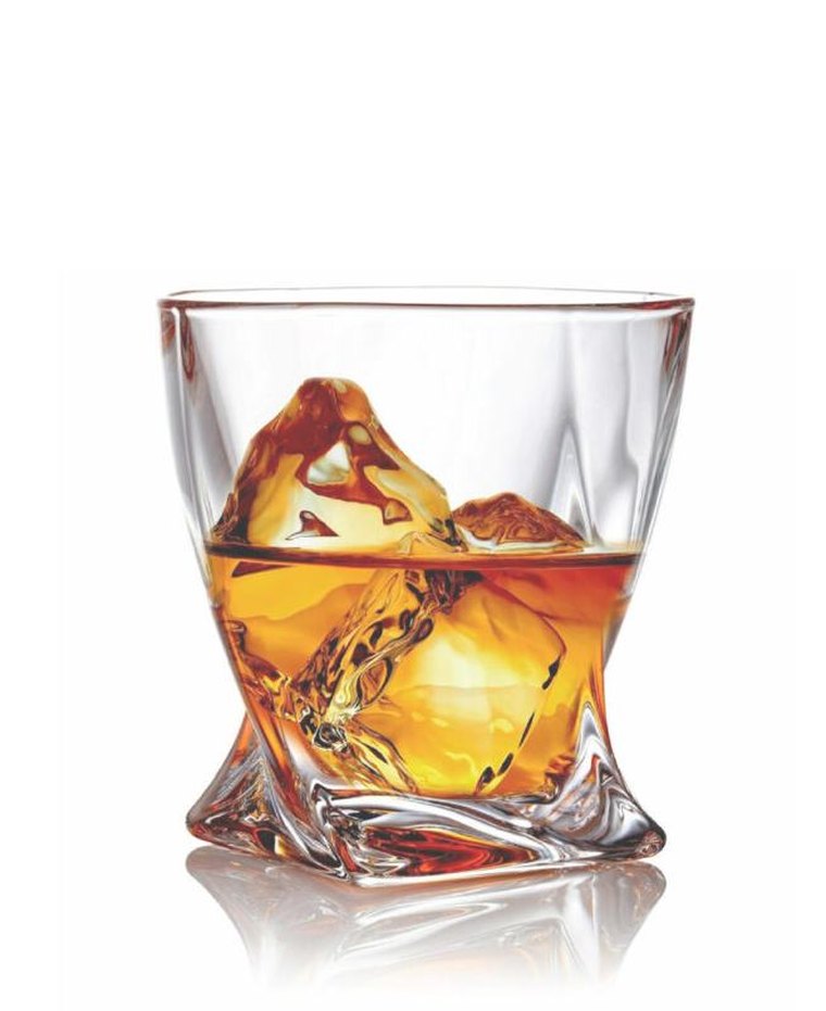 Whiskey over ice in a twisted crystal glass